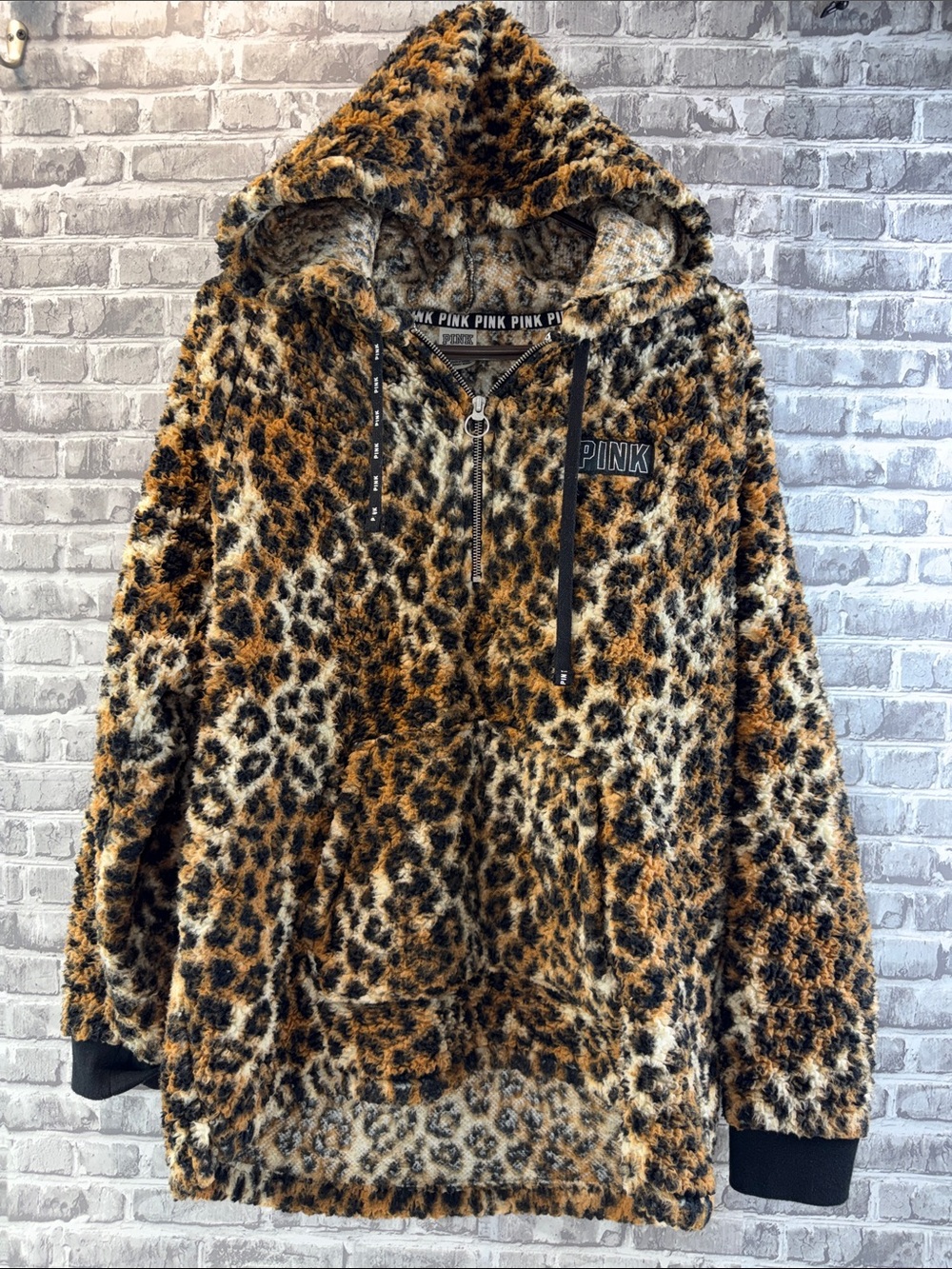 PINK Victoria's Secret Leopard Teddy Half-Zip Hoodie - Brown/Black/Cream